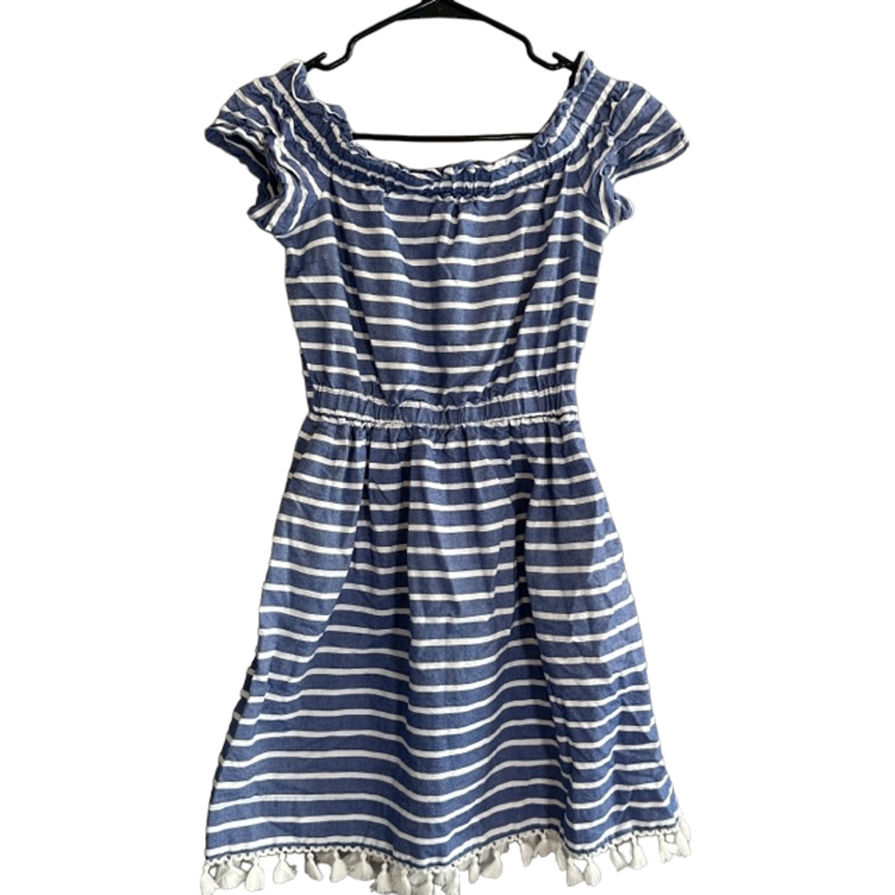 Eliza J Blue & White Striped Cotton Short Sleeve Tassel Pocket Dress Women Sz 0